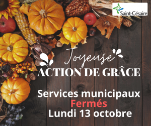Action de grâce - Services municipaux fermés @ Hôtel de Ville de Saint-Césaire